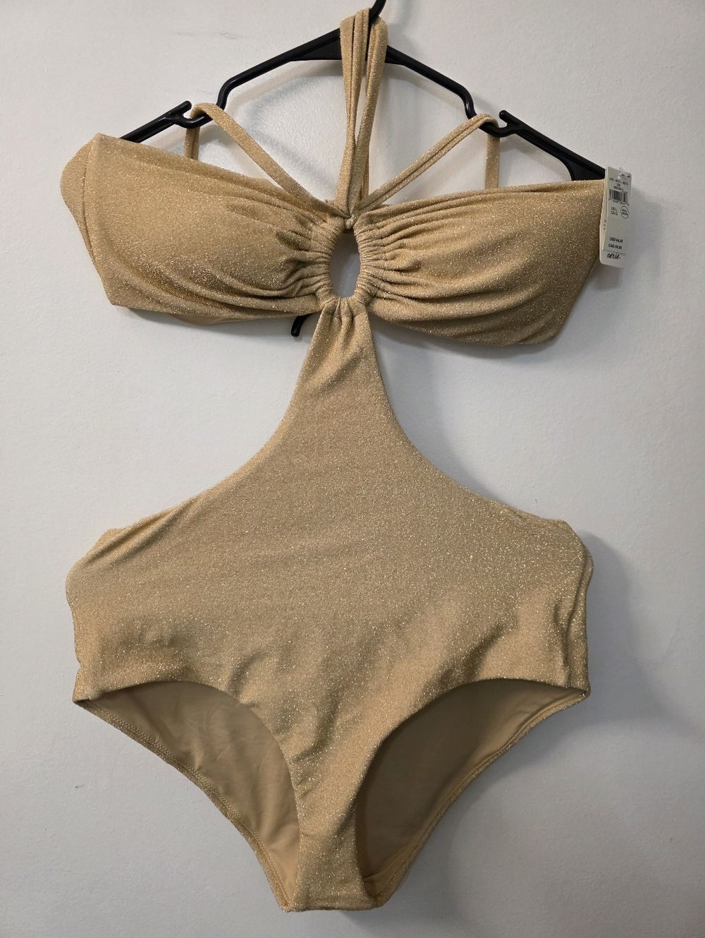 aerie Shimmery Gold Cutout One-Piece Swimsuit LARGE